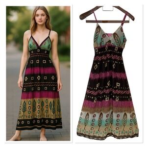 Vtg She's Cool Boho Geometric Tribal Sleeveless Maxi Sundress Y2K Beach Resort M